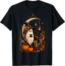 Vintage Halloween Ghost Holding Black Cat Groovy Floral T-Shirt unisex T-Shirt picture