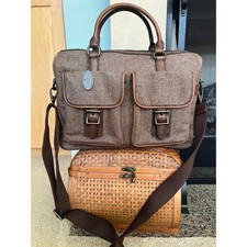 Fossil Vintage RARE 90s Herringbone Tweed Leather Briefcase Messenger Laptop Bag picture