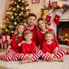 Family Matching Christmas Pajamas Set Red Top & Striped Pants Holiday Sleepwear picture