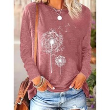 Women's Floral Print Crewneck Casual Long Sleeve T Shirt Pullover Size XL Cotton picture