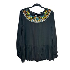 Boho JODIFL Floral Embroidered Tunic NWT Black Medium picture