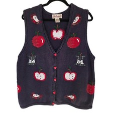 Vintage 90s Apple Knit Cardigan Vest XL Teacher Cottage Fall Fruit Artsy Twee picture