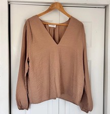 Self Contrast Anthropologie Crinkle Blouse XL Tan V Neck Relaxed Boho Made USA picture