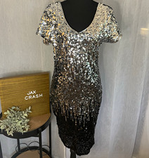 MANER Silver Black Sequin V-Neck Short Sleeve Sheath Knee-Length Dress L picture
