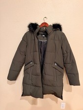 DKNY Women’s Olive Puffer Coat Removable Faux Fur Hood New picture