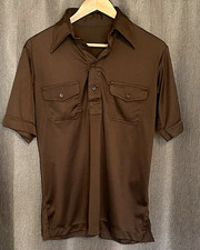 Vtg 70s Men’s Chocolate Brown Polyester Knit Polo Shirt Dagger Collar Safari M picture