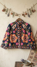Boho Floral Embroidered Jacket Women's Blue Folk Art Handmade Statement Coat picture