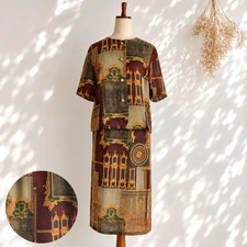 VTG 80s Japan 2 Pc Set Brown Green Architectural Novelty Print Blouse Skirt picture