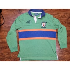 Vintage Polo Ralph Lauren Mens Green Striped Rugby Shirt Custom Crest Large L picture