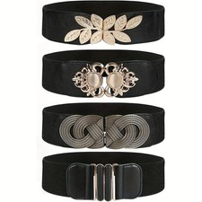 Elegant Vintage Metal Buckle Elastic Belt for Women Wide Waistband for Dresses picture