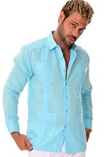 Bohio Mens 100% Linen Cuban Guayabera Shirt - Aqua Traditional 4-Pocket- MLS501 picture