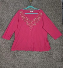 Quaker Factory Jeweled Shirt Womens Sz XL Pink Floral V Neck 3/4 Sleeve Pullover picture