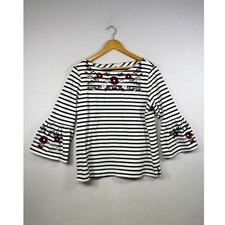 J. Crew Striped Bell Sleeve Embroidered Top Size L Black White Floral Boat Neck picture