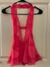 NWOT Frederick's of Hollywood Hot Pink Lace Halter Teddy Babydoll Chemise XS picture