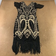 Fundaisy Women's Size Small Black & Gold Sequin Fringe 1920's Flapper Dress New picture