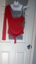 Fashion Nova Women’s Red Solid One-Shoulder Long Sleeve Mesh Bodysuit S picture