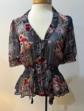 Nanette Lepore Sheer Floral Chiffon V-Neck Short Sleeve Blouse, Size 2 picture
