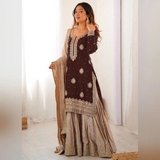 Maroon Chinon Silk Sequins Work Occasional Wear Sharara Suit picture
