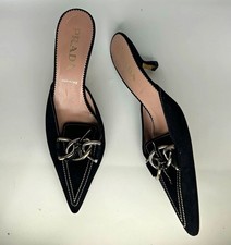 Prada Women’s Black Leather Pointed Toe Slip-On Mule Flats Chain Logo EU 38 picture