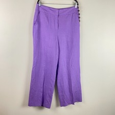 Talbots Greenwich Pant Size 12 Purple 100% Linen Wide Leg Trousers Button Detail picture
