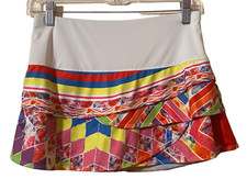 Lucky In Love Women's Small Tiered Golf Skort Geometric Red White Yellow Blue picture