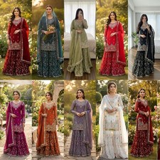 WEDDING SHARARA PALAZZO SALWAR SUIT PLAZZO KURTI SHALWAR KAMEEZ PAKISTANI INDIAN picture