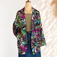 VTG 80s Abstract Print Cotton Dolman Sleeve Jacket Womens Multicolor Blazer picture