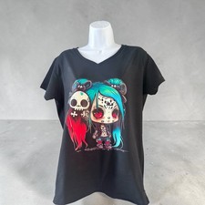 Gildan Women’s Black V-Neck T-Shirt with Colorful Gothic Kawaii Skull Girl  picture