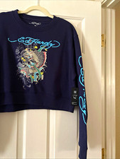 Ed Hardy Don Ed Hardy Y2K Navy Koi tattoo Crewneck Fleece Sweatshirt XL picture