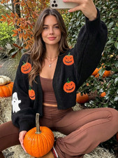 Women's Halloween Pumpkin & Ghost Embroidered Loose Short Knit Cardigan picture