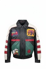 Vintage 90s Leather Casino Bomber Jacket Roulette Wheel 777 Jackpot Patches Gamb picture