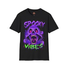 Spooky Vibes Skull Tee Halloween Horror Neon Graphic T-Shirt picture