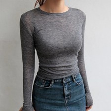 Plain T Shirt Women Cotton Elastic Basic Tops Long Sleeve Sexy Thin See Through picture