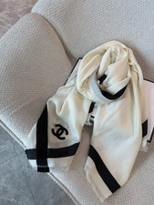 CHANEL 26S Black White Silk Cashmere Shawl Scarf 140x140cm Luxury Wrap picture