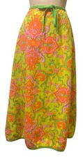 Vintage 60s/70s Women's Psychedelic Floral Wrap Skirt - Sz M Pink Green Orange picture