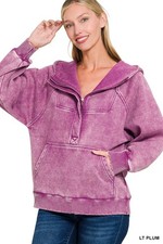 ZENANA LT PLUM ACID WASH FLEECE OVERSIZED 1/4 ZIP KANGAROO POCKET HOODIE sz M picture