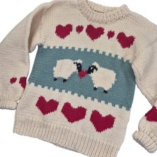 Vintage Hand Knit Sheep Hearts Sweater Chunky Novelty Pullover Cream Kids 10/12 picture