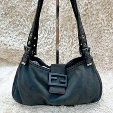 FENDI Mamma Baguette Canvas Gray Shoulder Bag Black FF Buckle Y2K Auth picture