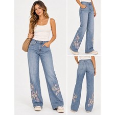 NWT.Chico's Embroidered Floral Wide Leg Jeans LiHigh Sz 1R Us Sz 8 R picture