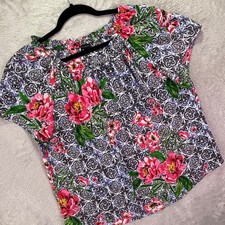 Talbots Women Blouse Sz L Blue Pink Floral Geometric Tile Print Smocked Neck Top picture