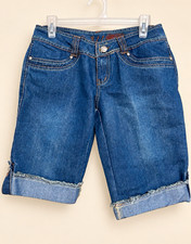 Women’s Blue Denim Bermuda Shorts Medium Wash Cuffed Hem 5-Pocket Button picture