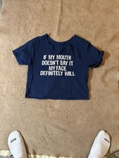 Cute woman’s custom navy blue graphic crop top picture