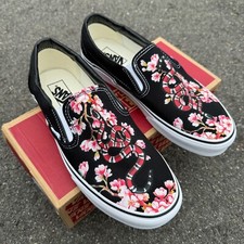 Snake and Flower Luxury Vans Slip On Shoes Red and Black Snake Cherry Blossoms picture