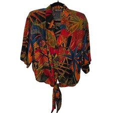 Vintage 90s Tropical Floral Tie Front Button Down Blouse 8 Art to Wear Boho picture