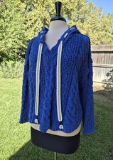 POL Cable Knit Hooded V-Neck Sweater Blue Chunky Oversized Distressed #0537 picture
