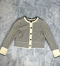 Madewell Black/Ivory Striped Merino Wool Knit Button-Front Cardigan M picture
