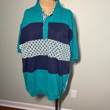 Vintage 80s 90s Paisley Print Town Craft  Teal Blue and White Striped Polo Shirt picture