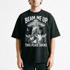 Vintage Distressed UFO Bigfoot Abduction T-Shirt Alien Scifi Humor Retro Tee picture