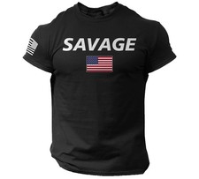 Savage American Flag T-Shirt – Black Patriotic USA Tee Military Veteran Pride picture