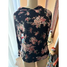 No Comment NYLA Floral Hoodie Black Pink White Stripe Long Sleeve Top Medium NWT picture